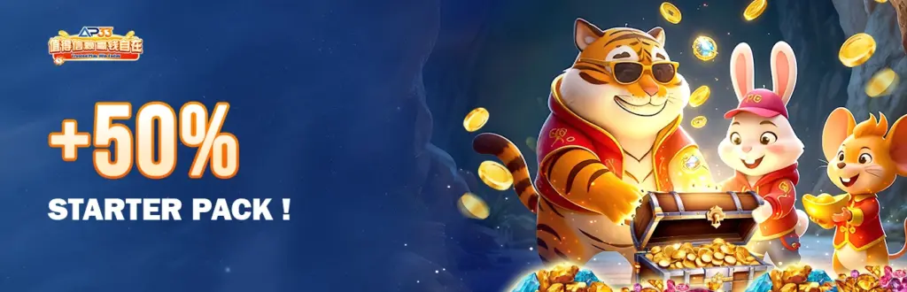 AP33 starter pack promotion banner with 50 percent bonus featuring cartoon tiger, rabbit, and treasure chest with gold coins
