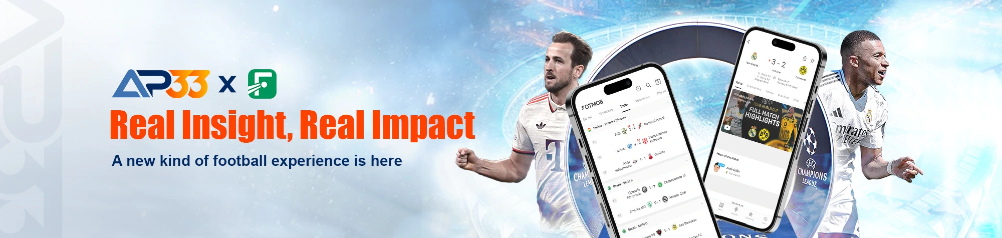 AP33 football partnership banner featuring players, mobile app interface, and real-time match insights