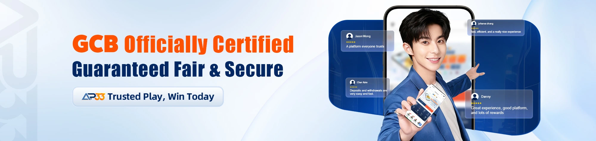 AP33 GCB certified banner showing secure gaming platform with user holding mobile app and positive customer reviews
