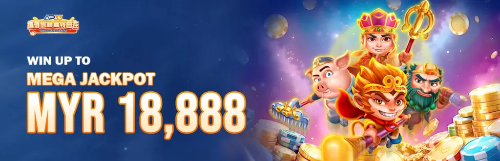 AP33 mega jackpot promotion banner featuring animated characters, gold coins, and MYR 18,888 prize