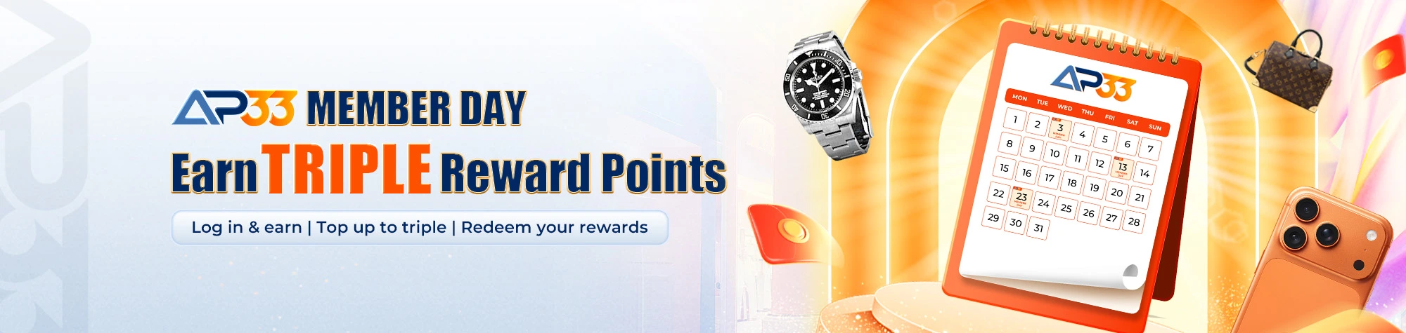 AP33 Member Day promotion banner offering triple reward points with calendar, smartwatch, handbag, and smartphone rewards