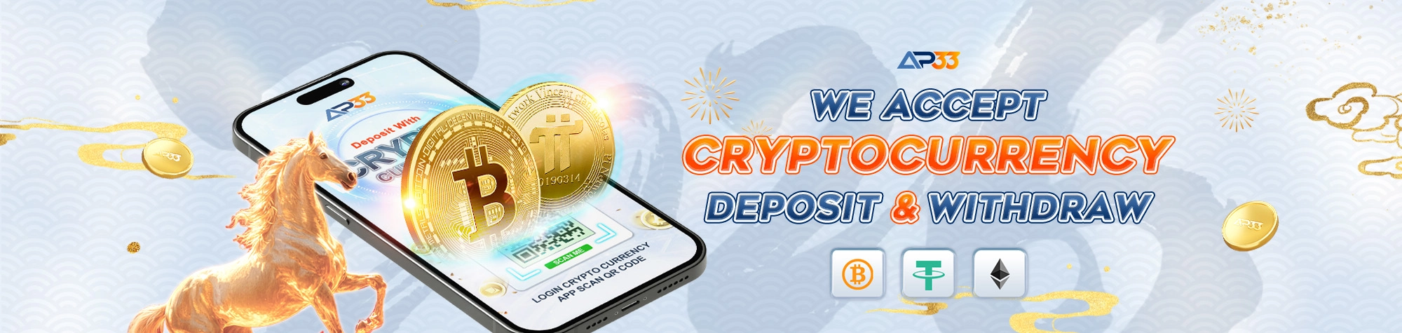 AP33 crypto payment banner showing Bitcoin, USDT and Ethereum alongside a smartphone with a cryptocurrency QR payment screen.