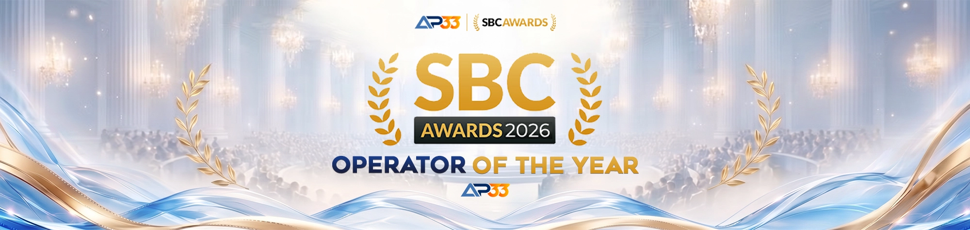 AP33 banner celebrating its Operator of the Year recognition at the SBC Awards 2026, framed by gold laurel branches.